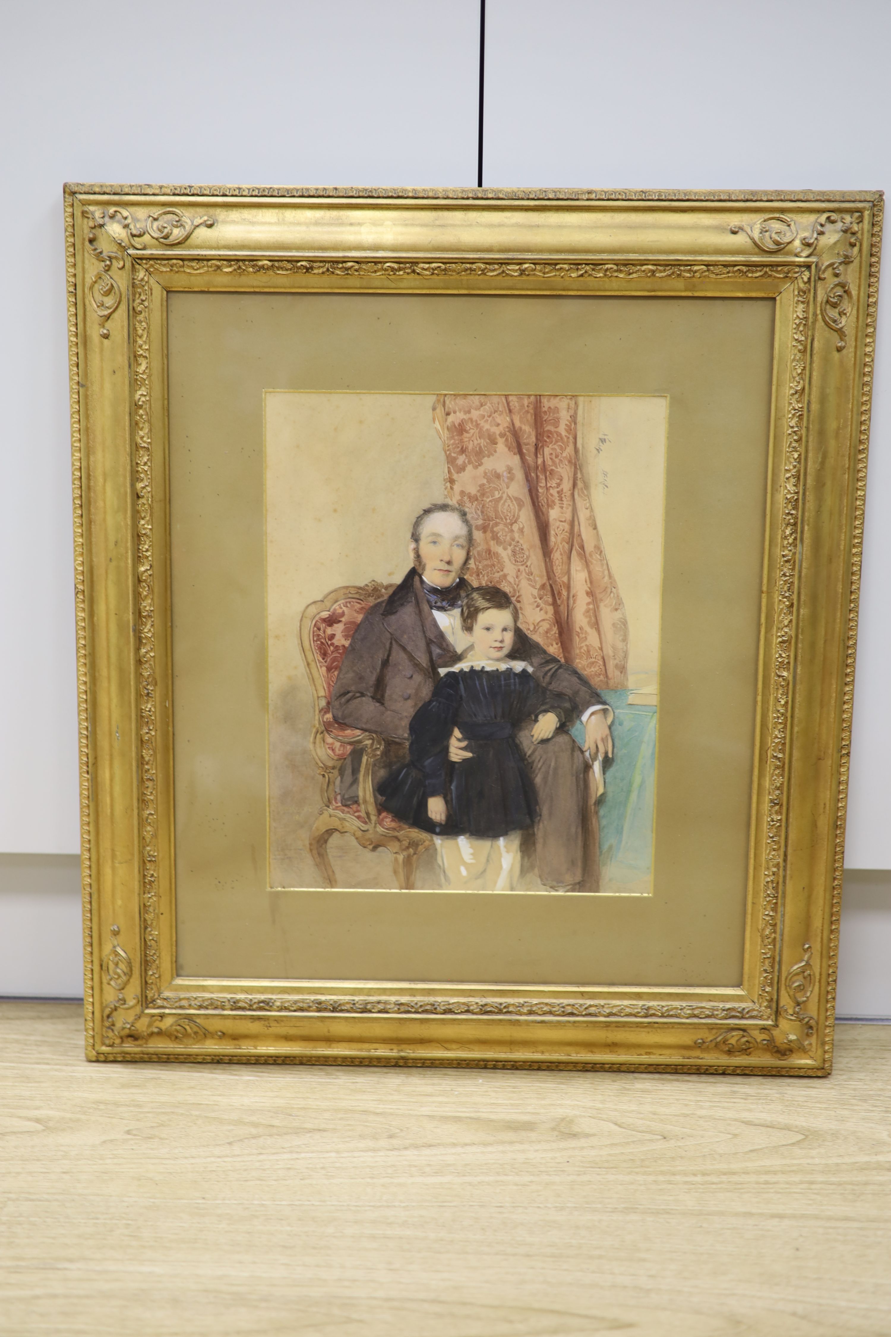 Octavius Oakley (1800-1867), watercolour, Portrait of John Ynyr Burges and Son, signed and dated 1841, 38 x 29cm